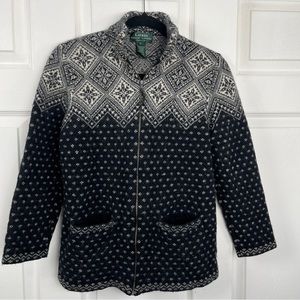 RALPH LAUREN Petite Womens Small 100% Lambs Wool Full Zip Sweater Snowflake